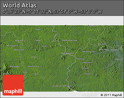 Satellite 3D Map of the Area around 4° 53' 57" N, 53° 28' 30" W