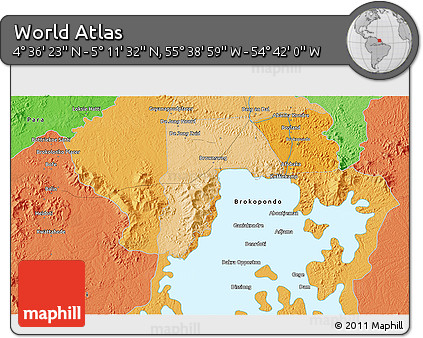 Political 3D Map of the Area around 4° 53' 57" N, 55° 10' 29" W