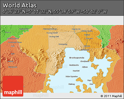 Political 3D Map of the Area around 4° 53' 57" N, 55° 10' 29" W