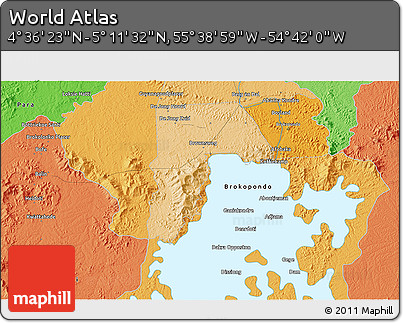 Political 3D Map of the Area around 4° 53' 57" N, 55° 10' 29" W