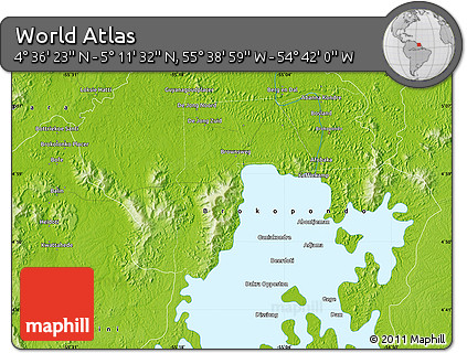 Physical Map of the Area around 4° 53' 57" N, 55° 10' 29" W