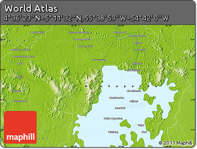 Physical Map of the Area around 4° 53' 57" N, 55° 10' 29" W