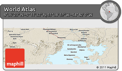Shaded Relief Panoramic Map of the Area around 4° 53' 57" N, 55° 10' 29" W