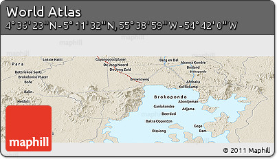 Shaded Relief Panoramic Map of the Area around 4° 53' 57" N, 55° 10' 29" W