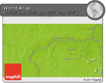 Physical 3D Map of the Area around 4° 53' 57" N, 57° 43' 30" W