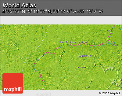Physical 3D Map of the Area around 4° 53' 57" N, 57° 43' 30" W