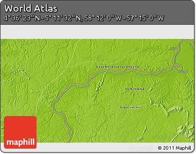 Physical 3D Map of the Area around 4° 53' 57" N, 57° 43' 30" W