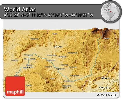 Physical 3D Map of the Area around 4° 53' 57" N, 61° 7' 30" W