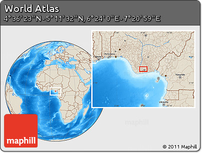 Shaded Relief Location Map of the Area around 4° 53' 57" N, 6° 52' 30" E