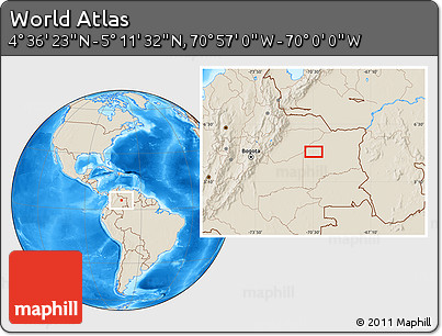 Shaded Relief Location Map of the Area around 4° 53' 57" N, 70° 28' 29" W