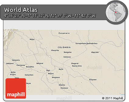 Shaded Relief 3D Map of the Area around 4° 53' 57" N, 72° 10' 30" W