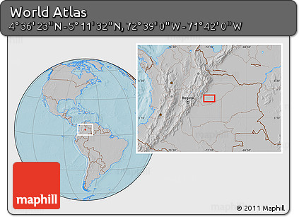 Gray Location Map of the Area around 4° 53' 57" N, 72° 10' 30" W, hill shading