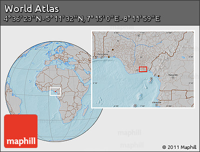 Gray Location Map of the Area around 4° 53' 57" N, 7° 43' 29" E, hill shading