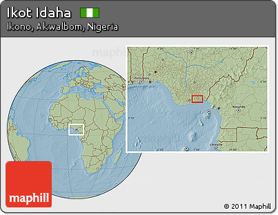 Savanna Style Location Map of Ikot Idaha, hill shading