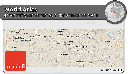 Shaded Relief Panoramic Map of the Area around 4° 53' 57" N, 7° 43' 29" E
