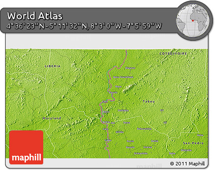 Physical 3D Map of the Area around 4° 53' 57" N, 7° 34' 30" W