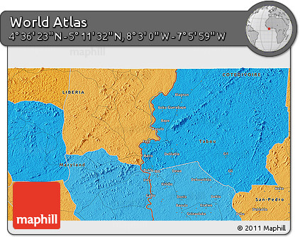 Political 3D Map of the Area around 4° 53' 57" N, 7° 34' 30" W