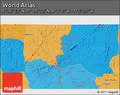 Political 3D Map of the Area around 4° 53' 57" N, 7° 34' 30" W
