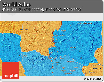 Political 3D Map of the Area around 4° 53' 57" N, 7° 34' 30" W