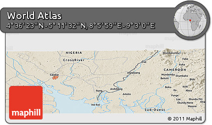 Shaded Relief Panoramic Map of the Area around 4° 53' 57" N, 8° 34' 29" E