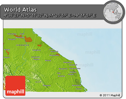 Physical 3D Map of the Area around 4° 53' 57" N, 97° 49' 29" E