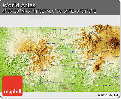 Physical 3D Map of the Area around 4° 53' 57" N, 9° 25' 30" E