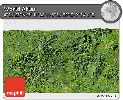 Satellite 3D Map of the Area around 4° 53' 57" N, 9° 25' 30" E