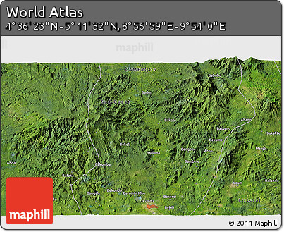Satellite 3D Map of the Area around 4° 53' 57" N, 9° 25' 30" E