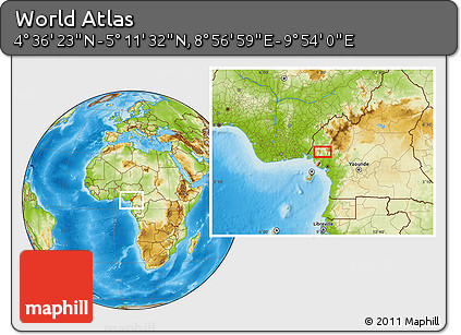 Physical Location Map of the Area around 4° 53' 57" N, 9° 25' 30" E