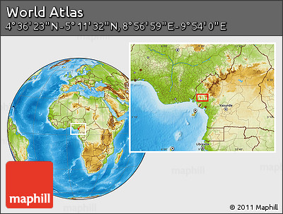 Physical Location Map of the Area around 4° 53' 57" N, 9° 25' 30" E