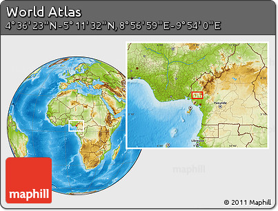 Physical Location Map of the Area around 4° 53' 57" N, 9° 25' 30" E