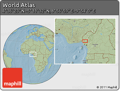 Savanna Style Location Map of the Area around 4° 53' 57" N, 9° 25' 30" E, hill shading