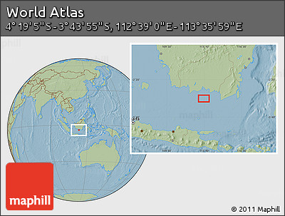 Savanna Style Location Map of the Area around 4° 1' 30" S, 113° 7' 30" E, hill shading