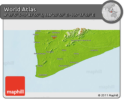 Physical 3D Map of the Area around 4° 1' 30" S, 114° 49' 29" E