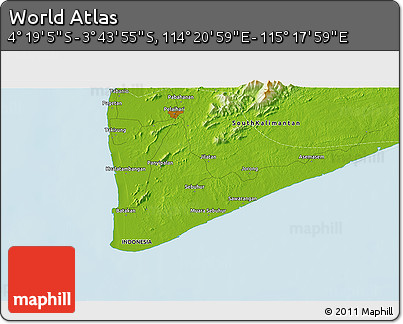 Physical 3D Map of the Area around 4° 1' 30" S, 114° 49' 29" E