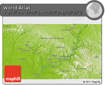 Physical 3D Map of the Area around 4° 1' 30" S, 11° 58' 29" E