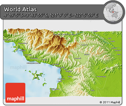 Physical 3D Map of the Area around 4° 1' 30" S, 121° 37' 30" E