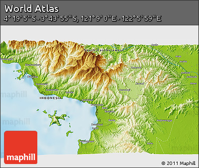 Physical 3D Map of the Area around 4° 1' 30" S, 121° 37' 30" E