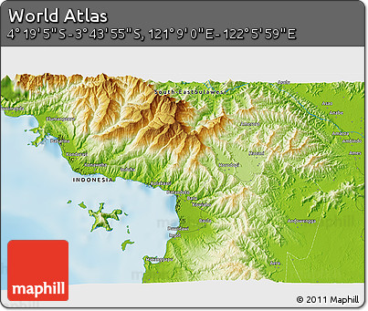 Physical 3D Map of the Area around 4° 1' 30" S, 121° 37' 30" E