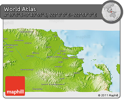 Physical 3D Map of the Area around 4° 1' 30" S, 122° 28' 29" E