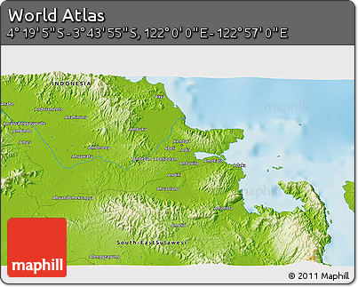 Physical 3D Map of the Area around 4° 1' 30" S, 122° 28' 29" E