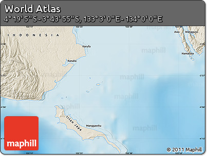 Shaded Relief Map of the Area around 4° 1' 30" S, 133° 31' 30" E