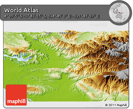 Physical 3D Map of the Area around 4° 1' 30" S, 135° 13' 29" E