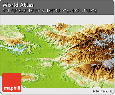 Physical 3D Map of the Area around 4° 1' 30" S, 135° 13' 29" E