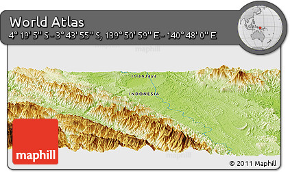 Physical Panoramic Map of the Area around 4° 1' 30" S, 140° 19' 29" E