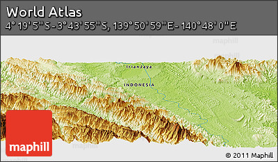 Physical Panoramic Map of the Area around 4° 1' 30" S, 140° 19' 29" E