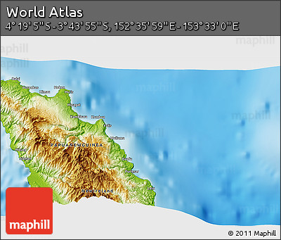 Physical 3D Map of the Area around 4° 1' 30" S, 153° 4' 29" E