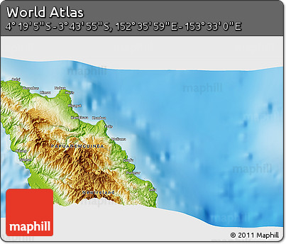 Physical 3D Map of the Area around 4° 1' 30" S, 153° 4' 29" E