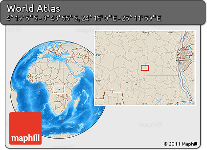 Shaded Relief Location Map of the Area around 4° 1' 30" S, 24° 43' 30" E