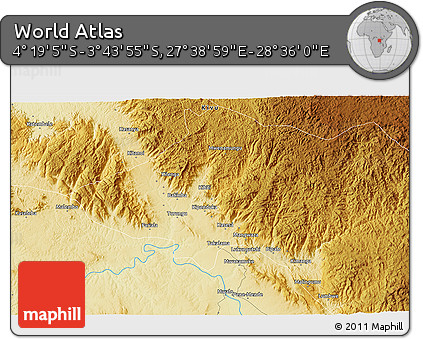 Physical 3D Map of the Area around 4° 1' 30" S, 28° 7' 30" E